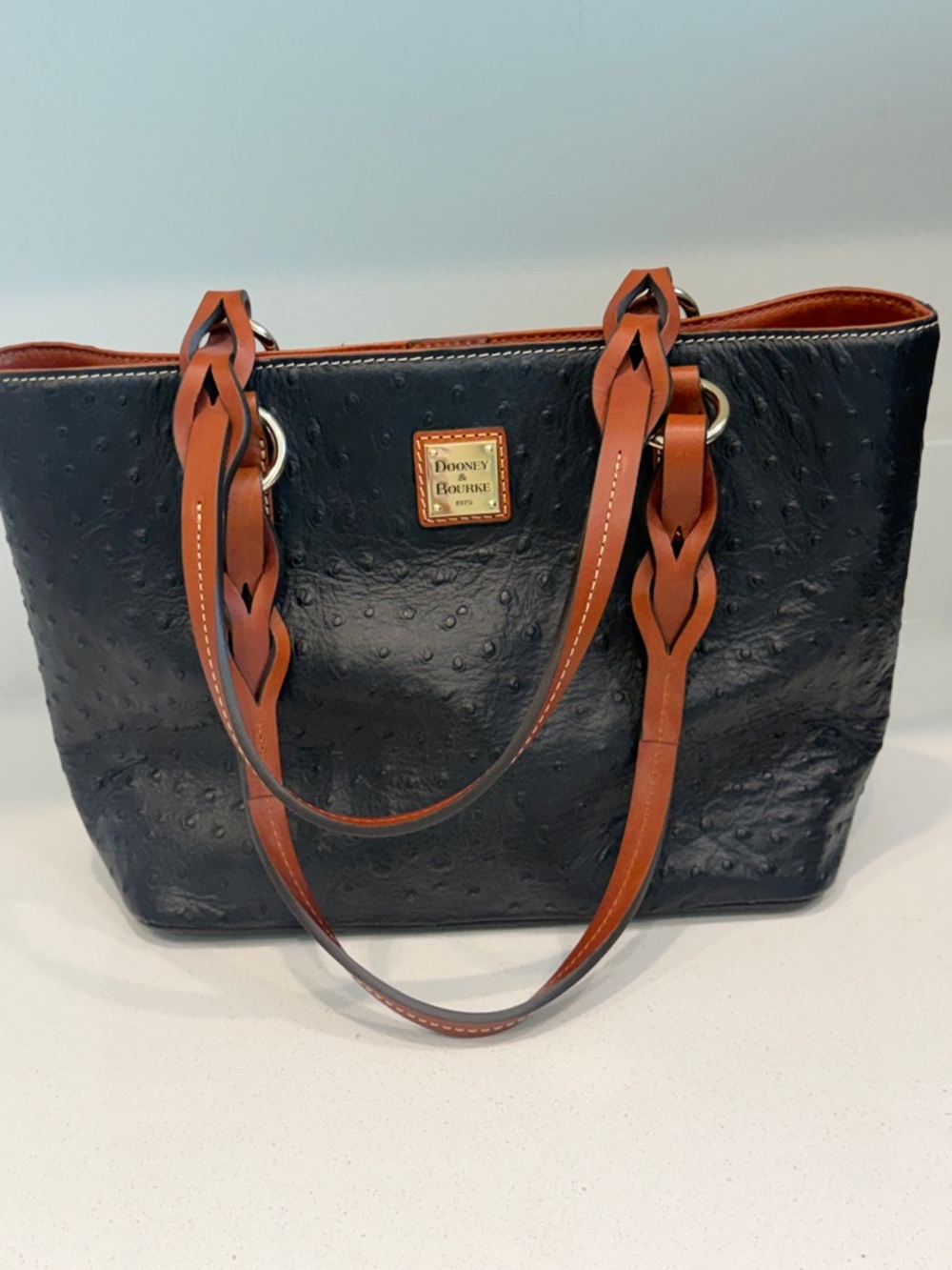 Dooney & Bourke Black Ostrich-Embossed Tote with Tan Braided Straps